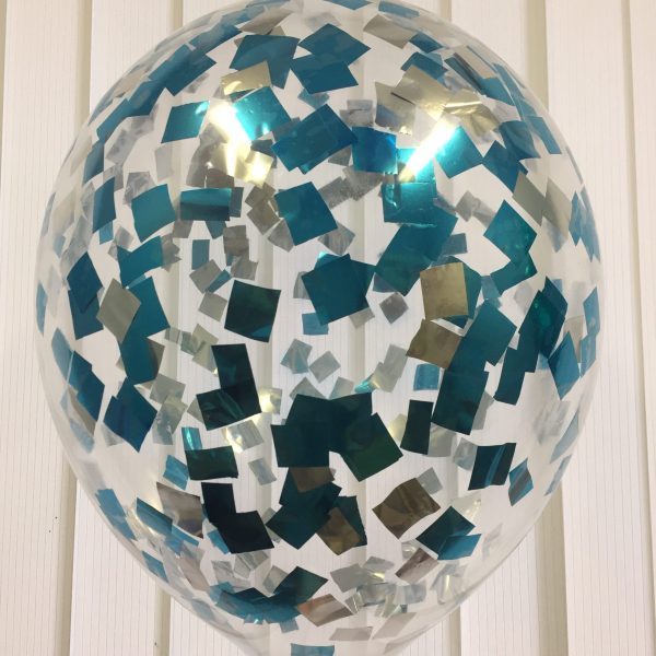 Воздушный шарик с голубым и серебристым конфетти наполнен гелием 12″(30 см)